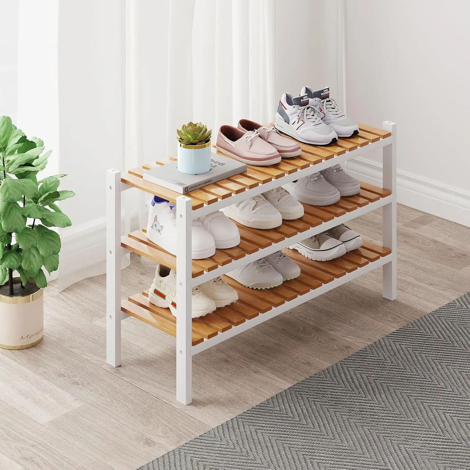

Bamboo Shoe Rack 3-Tier Narrow Organizer for Closet, Entryway, Garage – Stackable & Space-Saving