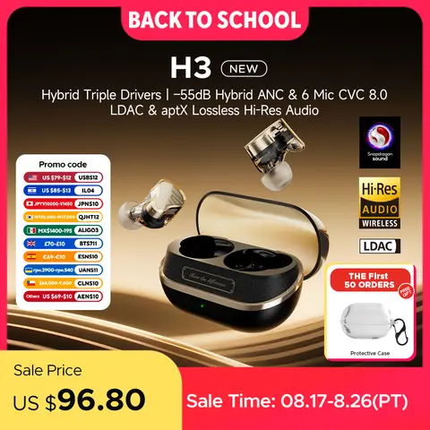 SoundPEATS H3 Wireless Bluetooth Earbuds Hybrid 3 Driver HiFi 55dB Adaptive ANC Headphones with LDAC AptX Lossless Hi-Res Audio