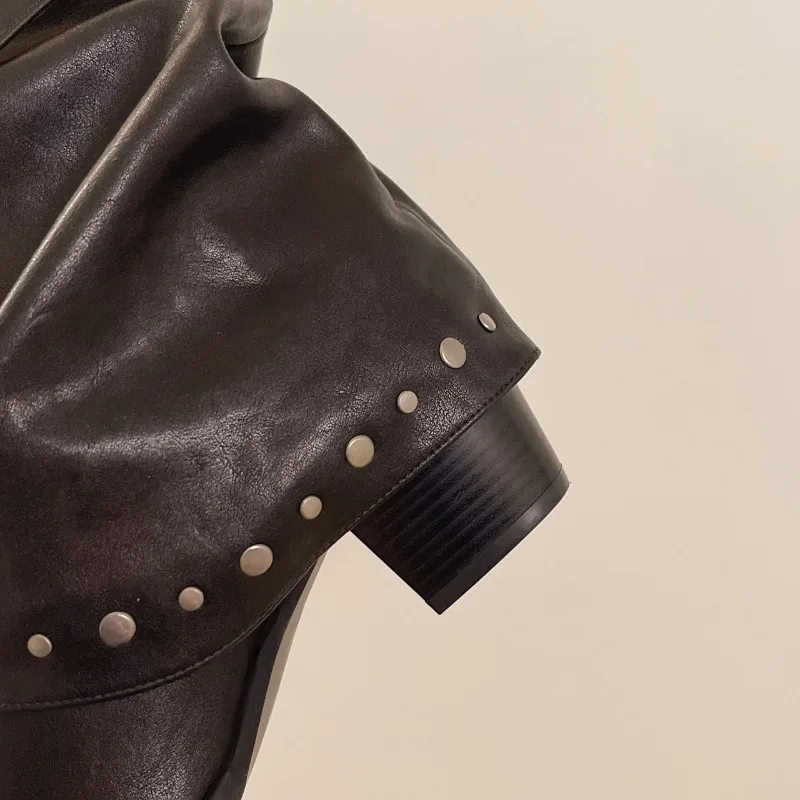 Rivet Buckle Women Mid Calf Boots Round Toe Pants Tube Leather Boots Autumn Winter Vintage Ladies Slip On Western Cowboy Boots