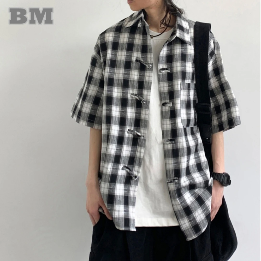 

Summer Japanese Vintage Color Contrast Plaid Shirts Men Women Clothing Harajuku Casual Short Sleeves For Couples Korean Shirts