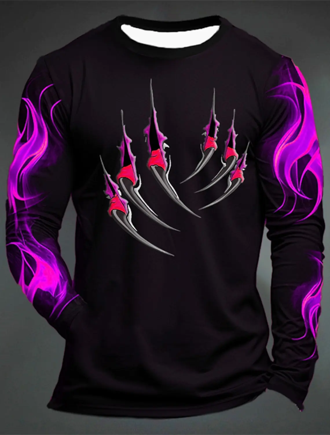 3D Printed Flame Scratch Pattern 3D Printed Autumn Men\'s Crew Neck T-Shirt Casual Long Sleeve Oversized Pullover Fashion Tops