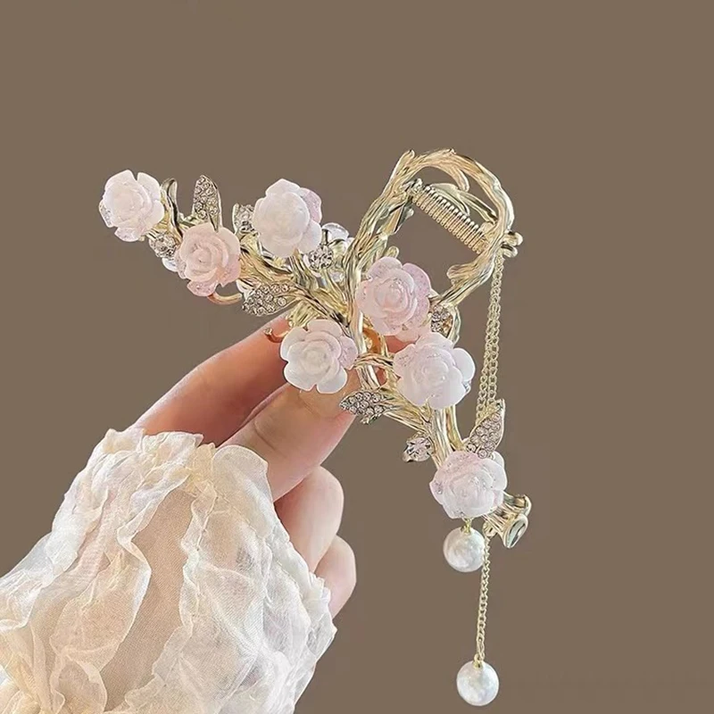 Elegant Rose Pearls Tassel Grabber 4.5Inch Large Size Metal Shark Clip Spring and Summer Super Fairy Women Back Head Headwear