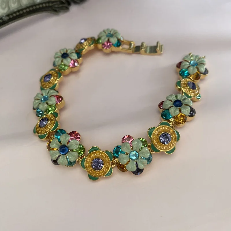 

Fashion Jewelry Fresh Colorful Enamel Rhinestone Green Flower Bracelet for Women Birthday Gifts