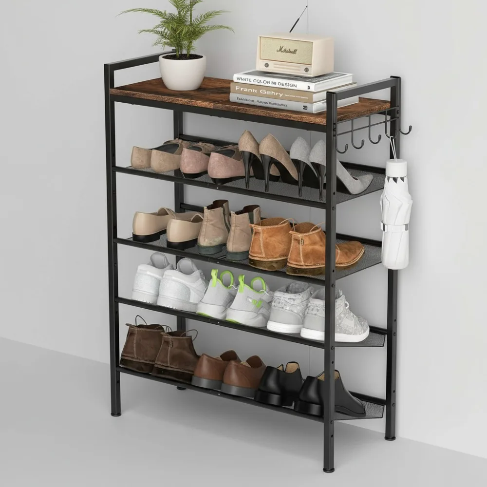 

5-Tier Adjustable Metal Shoe Rack with Wooden Top, Heavy Duty Shoe Organizer for Entryway, Bathroom, Bedroom