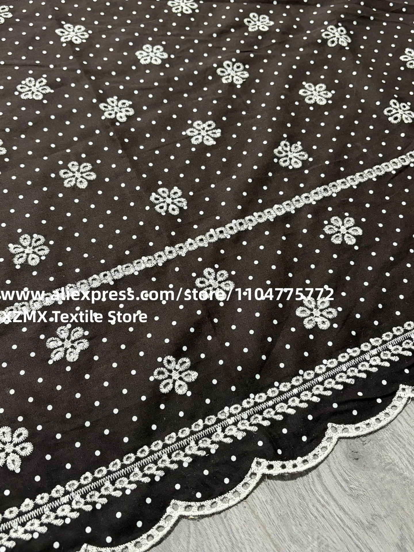 100% Cotton Fabric, Black Base White Polka Dot & Floral Embroidery,Double Side Eyelet Hollow Lace Edge For Dress Sewing