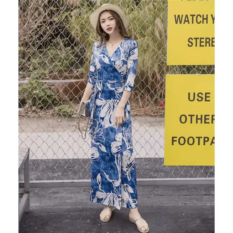 

Slimming Long Wrap Dr PG DVF Spring Summer High Waist Water Ink Blue Print Commute Sle Seven Sve V Ne X ape
