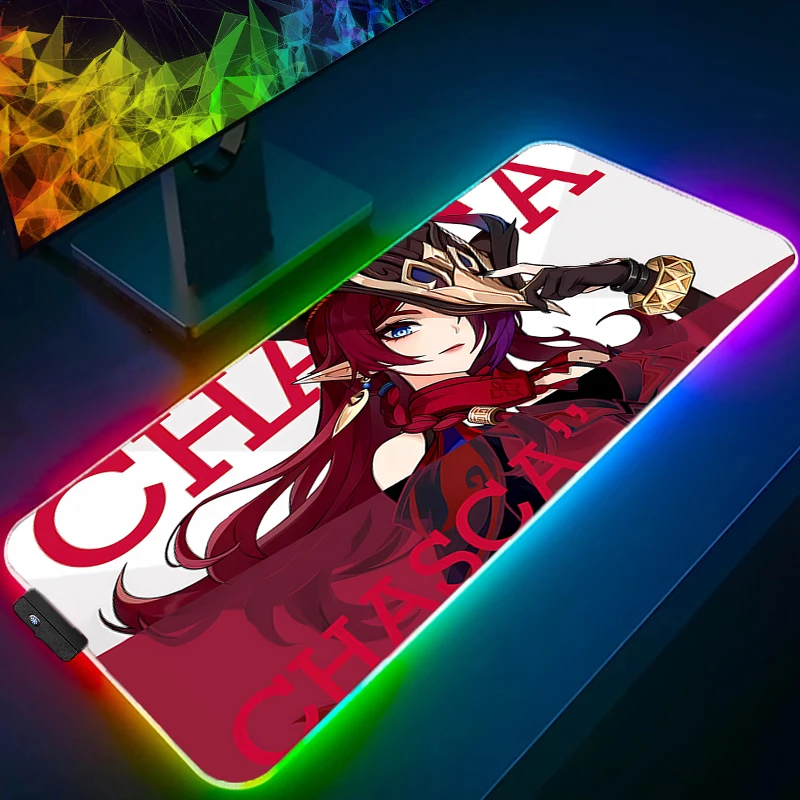 

LED Mouse Pad Speed Mini Pc Computer Anime Keyboard Pad Genshin Impact Chasca Desktop Mat RGB Laptop Gaming Accessories Mousepad
