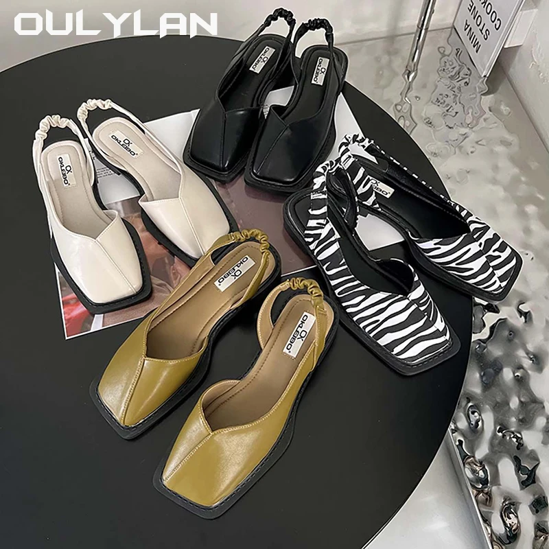 Women Shallow Party Shoes Square Heel Slippers 35-40 2024 Summer Elegant Sandals for Ladies Fashion Elastic Band Flat Heel