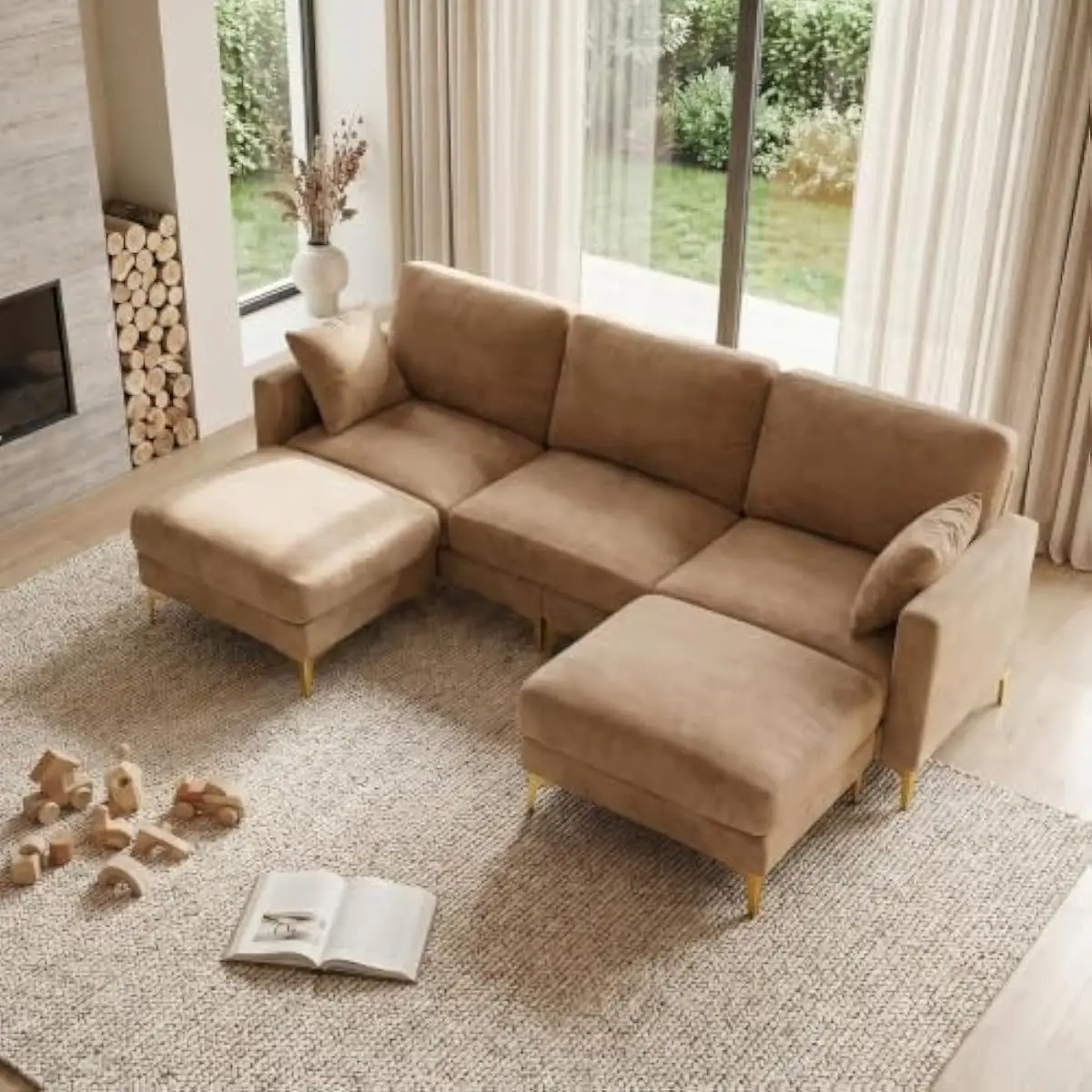 U Shaped Sectional Sofa with Dual Movable Ottomans, 22 Inch Deep Seat, 7.9 Inch Thick Cloud Foam Cushioning, 18.5 Inch High Back