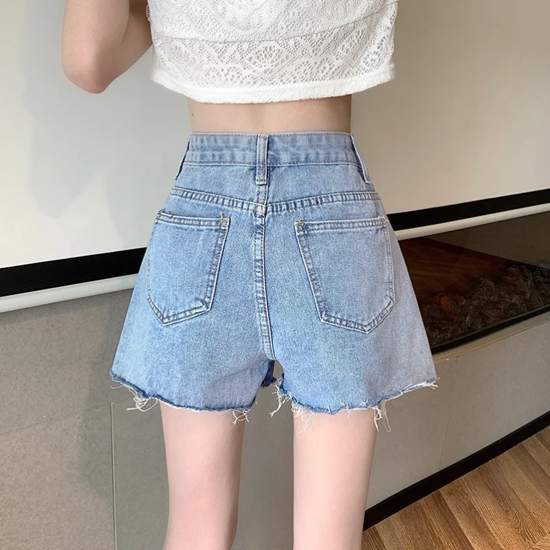 Denim Shorts Women\'s Summer Korean Version High Waist Loose and Thin A-line All-match Ripped Design Mini Pants Ins Rave Y2k Jean