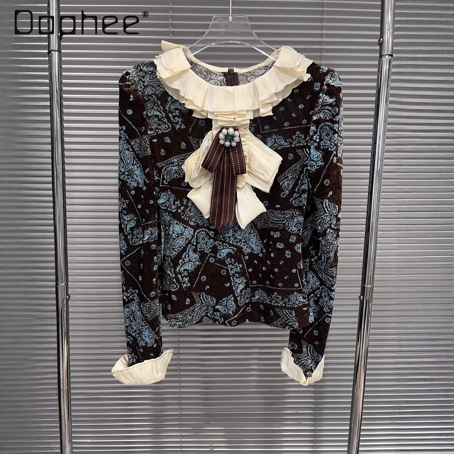 

Новая женская футболка с длинным рукавом в винтажном дворцовом стиле с бантом на воротнике, приталенная, весна 2026, корейский шик, уличный тренд, индивидуальный дизайн