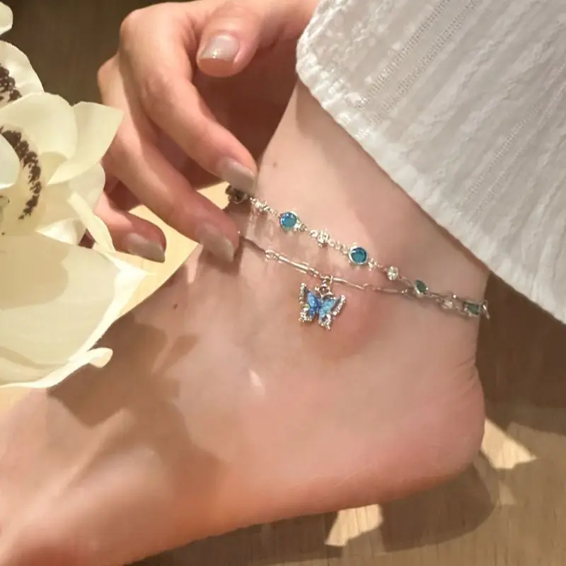 Double Layer Extended Butterfly Anklet for Women Non Fading Elegant Light Luxury High End Ethereal Fairy Delicate Accessory Gift