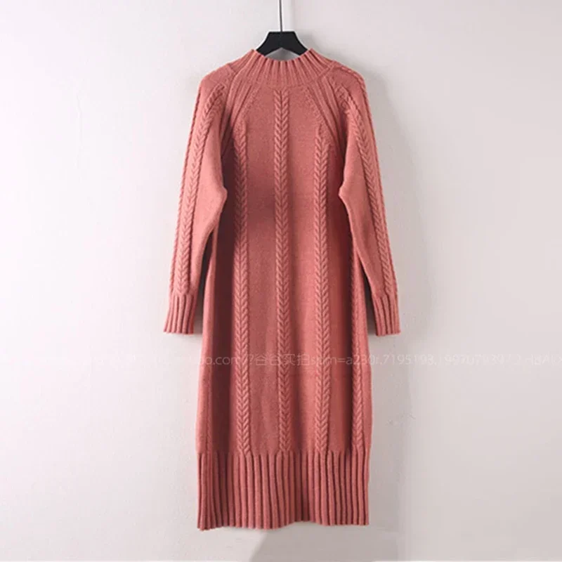 

Winter Thicken Plush Velvet Lined Sweater Dress Women's Fall Half Turtleneck Rib Knit Bottom Dresses Elegant Warm Vestido B303