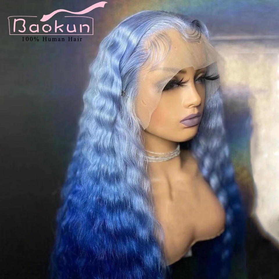 Transparent Blue Deep Wave Frontal Wig 13x6 HD Lace Front Human Hair Wigs 200 Density Glueless 13x4 Human Hair Lace Frontal Wig