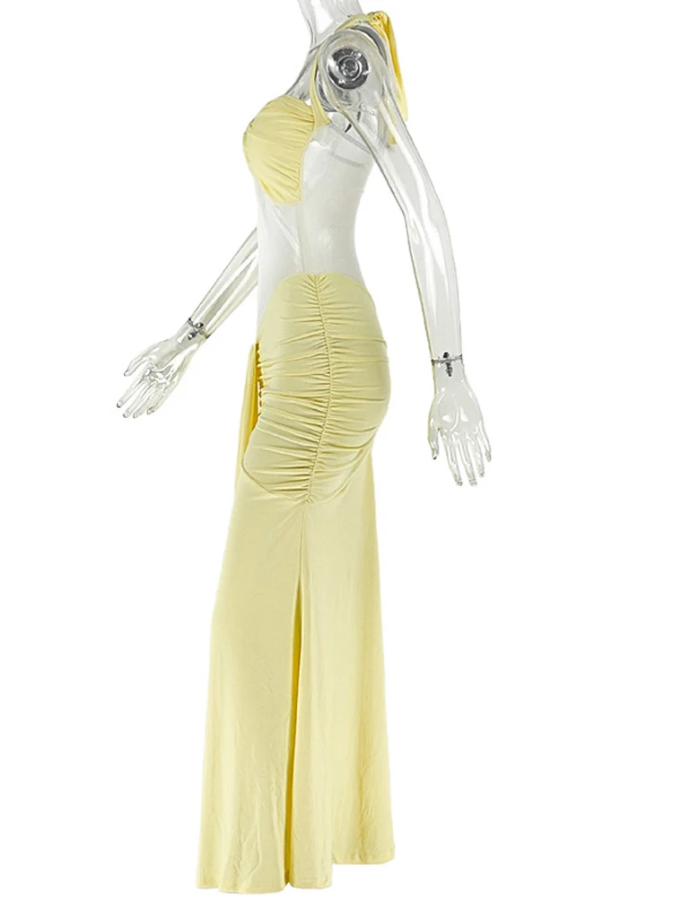 Beyprern 섹시한 여성용 옐로우 홀터넥 러치드 맥시 드레스 뉴 레이디스 매듭 프론트 시어 메쉬 바디콘 이브닝 파티 클럽웨어