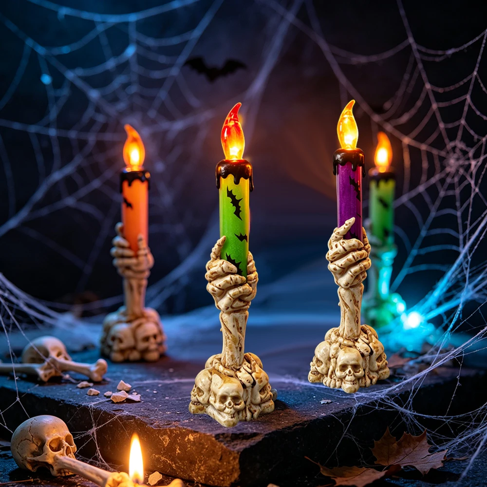 2pcs Skeleton Hand Candlestick Decor Lamp, Halloween Day of The Dead Simulation Ghost Hand Handheld LED Electronic Candlelight