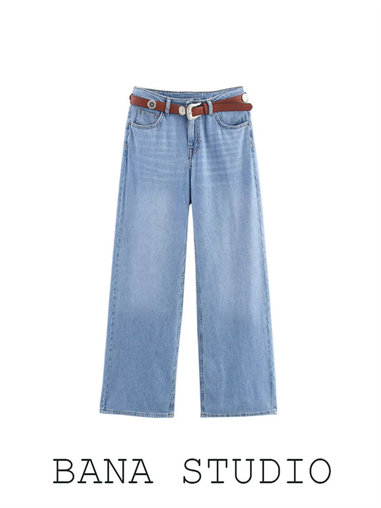 

Голубые джинсовые брюки с высокой талией, прямые драпированные джинсы, женские джинсы Cleanfit, размер-стойка, без эластичной молнии