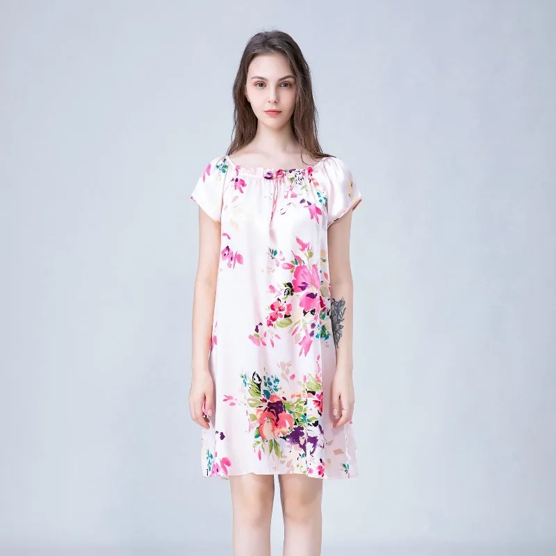 

Spring Summer Women's Loose Silk Pajamas Short Sleeve Nightgowns 100% Mulberry Silk Printed Casual Dress Round Neck Free Size