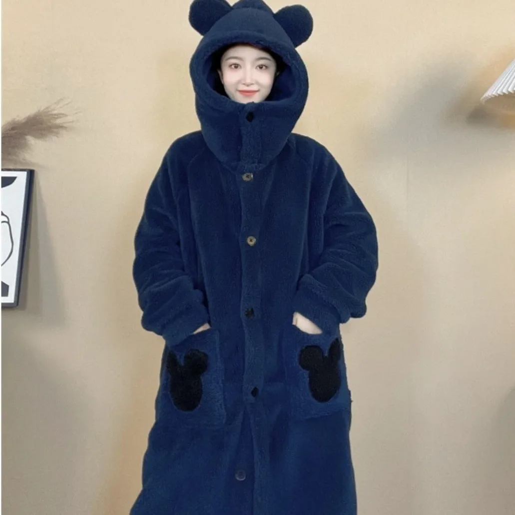 Autumn and Winter New Women\'s Cute Coral Velvet Pajamas Homewear Girls School Padded Cartoon Hooded Homewear Robe Sleep Skirt