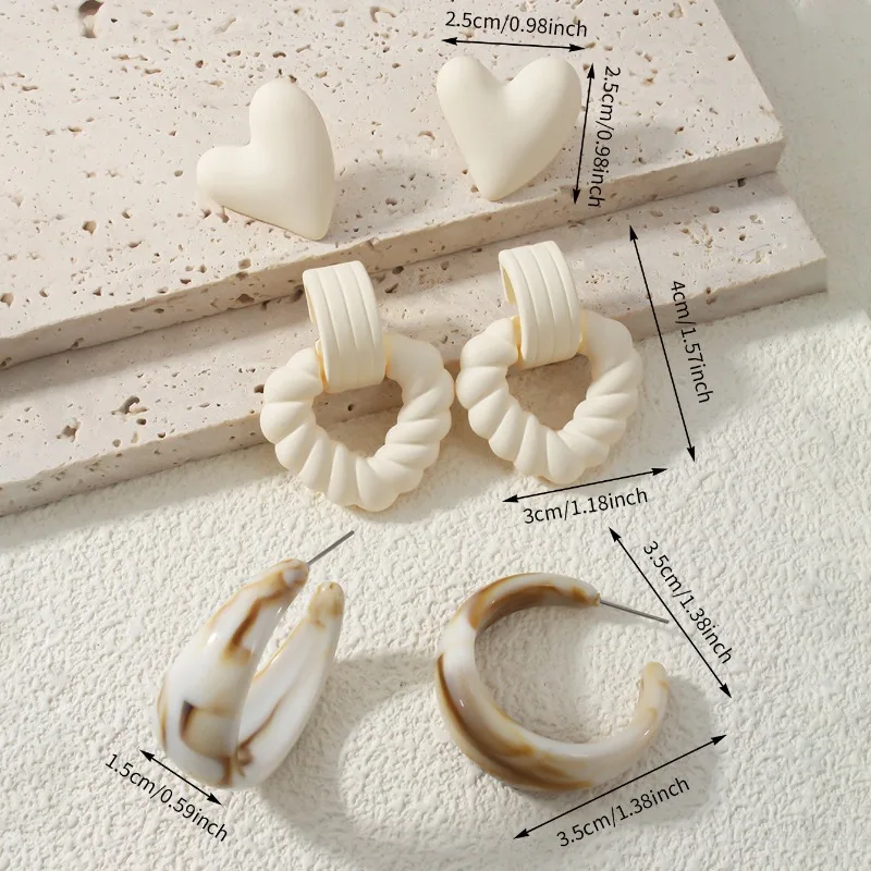 3 pares de conjunto de brincos em forma de coração coloridos doces, joias de material CCB geométrico elegante, presente de festa de feriado