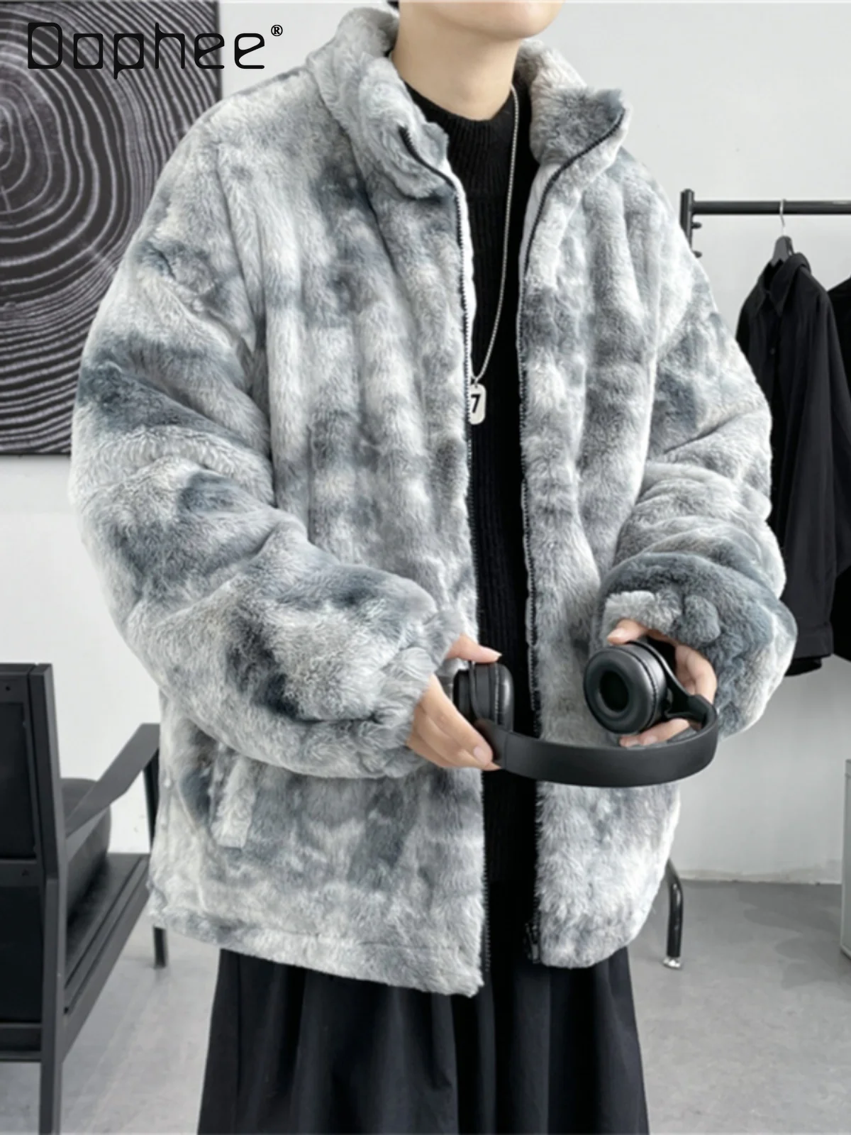 

Осенне-зимняя мужская куртка из овечьей шерсти с воротником-стойкой и утолщенным хлопковым пальто с капюшоном и вышивкой, темно-серые парки средней длины