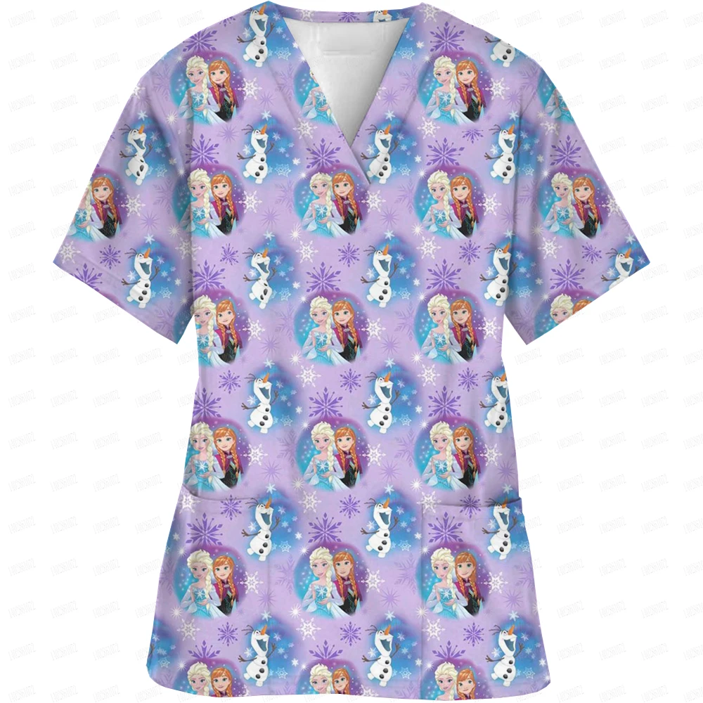 Female Nurse Uniform Frosted Top Disney Princess Printed Short Sleeved Top Surgical Nursing Medical Staff Work Uniform