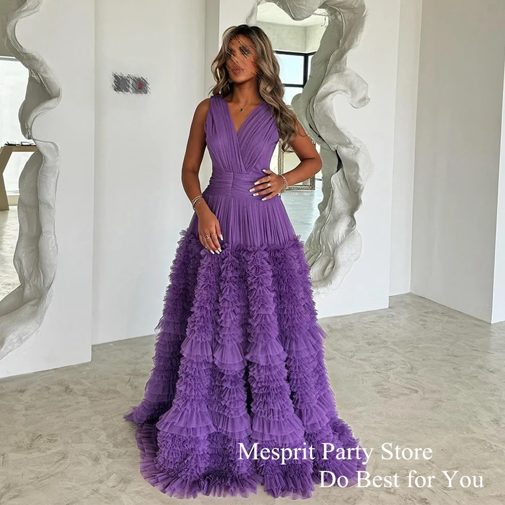 Lavender Evening Dress Saud Arab Prom Gown V Neck Sleeveless Pleat Ruffles Tulle Formal Occasion Dresses Arabian Party Gowns