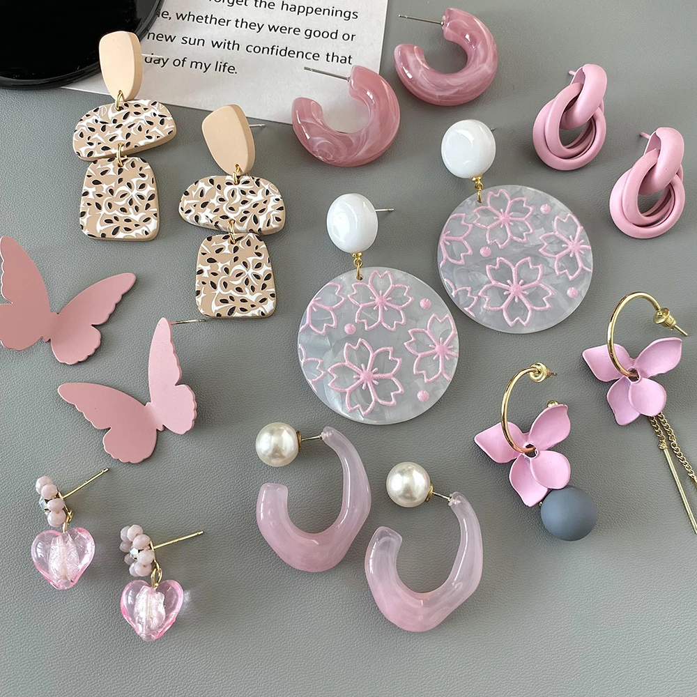 Lifefontier Sweet Pink Acrylic Flower Pattern Drop Earrings For Women Geometric Resin Butterfly Wedding Dangle Earring Jewelry