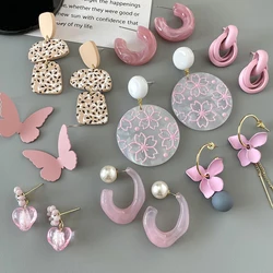 Lifefontier Sweet Pink Acrylic Flower Pattern Drop Earrings For Women Geometric Resin Butterfly Wedding Dangle Earring Jewelry