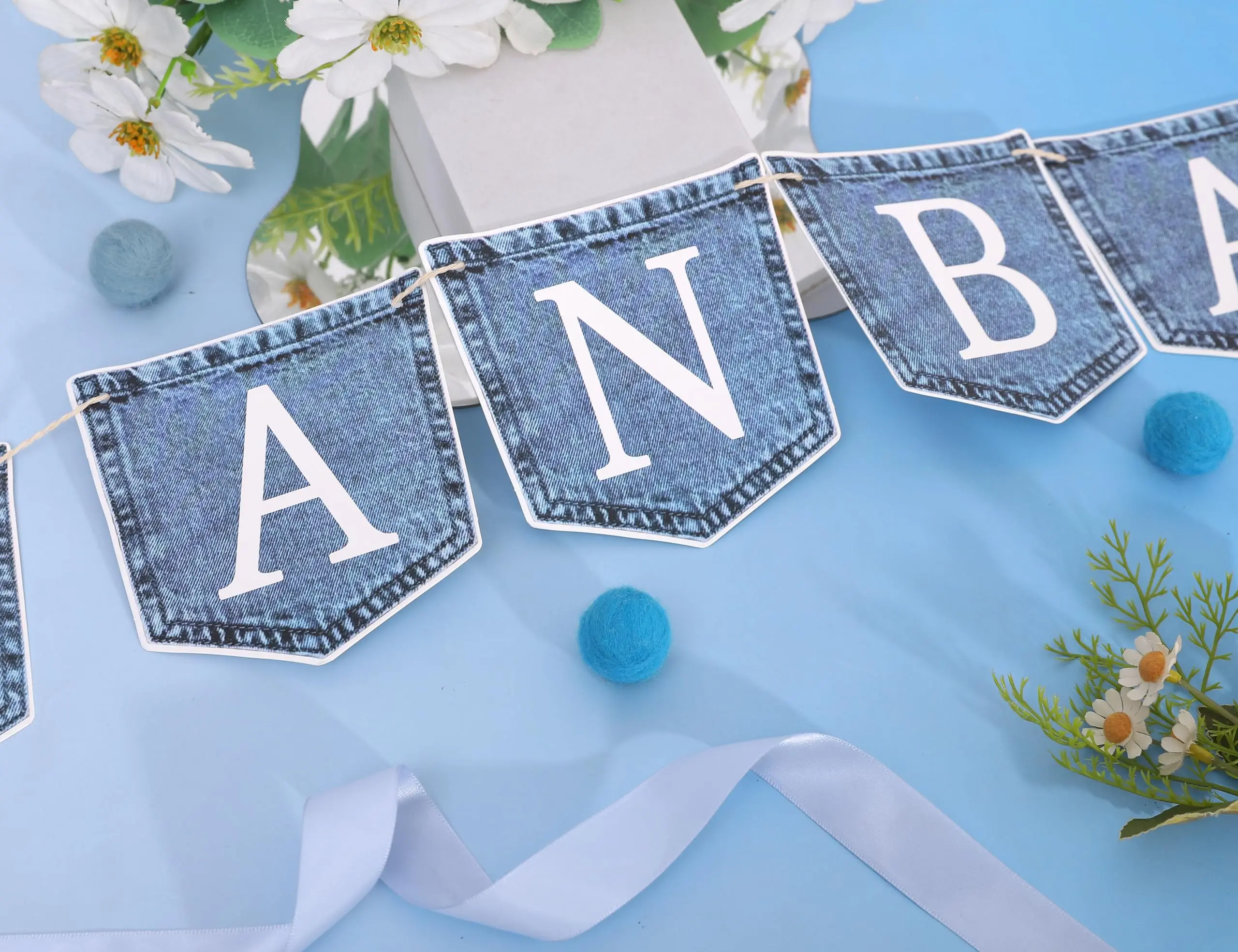 Pre-strung Blue Jean Baby Themed Hanging Banner for Kids Boys Welcome Baby 1st Birthday Baby Shower  Gender Reveal Party Decor view 4