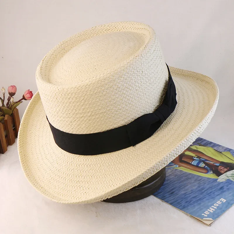 Fine Papyrus Knitted  Flat Top Men's Panama Straw  Ringed Groove Flat Rim Hat