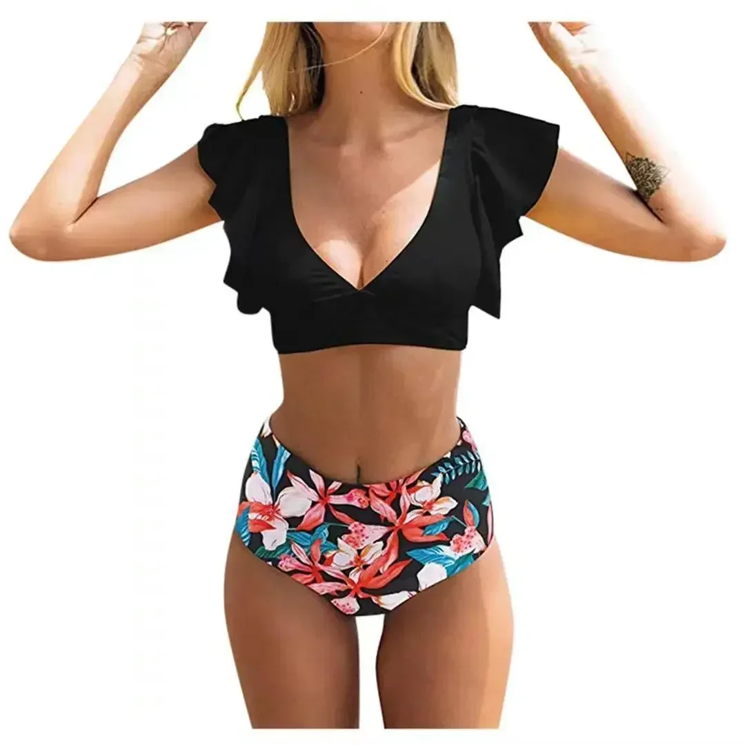 High Waist Ruffled Bikini Set 2025 Sexy Flounce Biquini Swimwear Women Two Pieces Swimsuit Floral Beachwear V-neck Bathing Suit