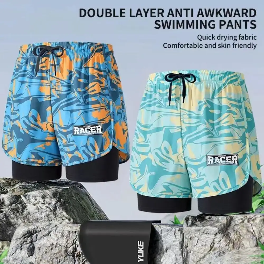 L-5XL Men's Swimming Trunks Quick Drying Printing Beach Pants Swimsuit Five Point Style Adult Double Layered Swimming Trunks