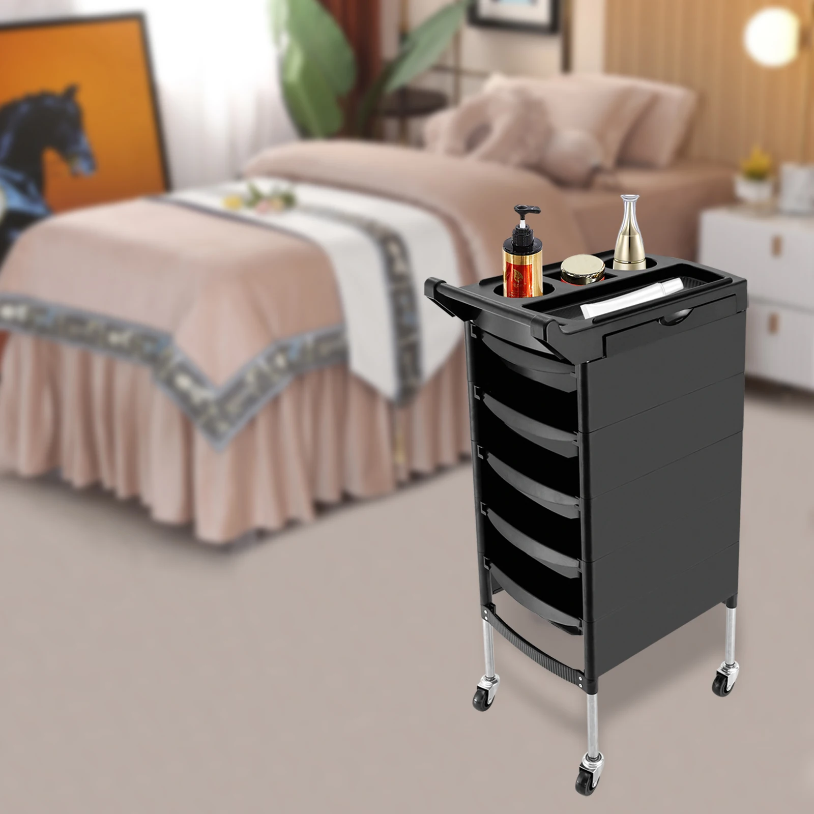 Salon Trolley, with Handle and Rolling Wheels, 5 Drawers and 2 Hair Dryer Holder Side Tray, Black