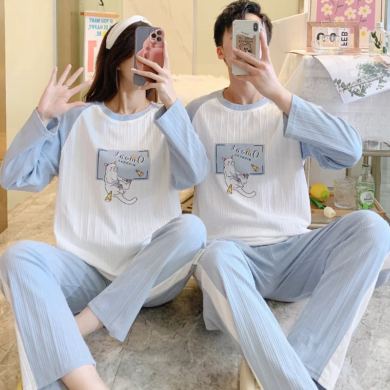 Cute Cartoon Sleepwear Cotton Pajamas Couple Long Sleeves Pajamas Suit Pajama Women Men Lounge wear Plus Size  Home Clothe