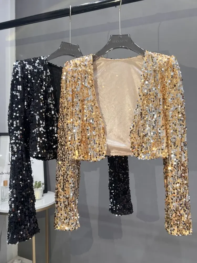 

2025 European and American Style Sequined Small Suit, Versatile Slimming Stage Performance Costume, Shiny Sequined Jacket
