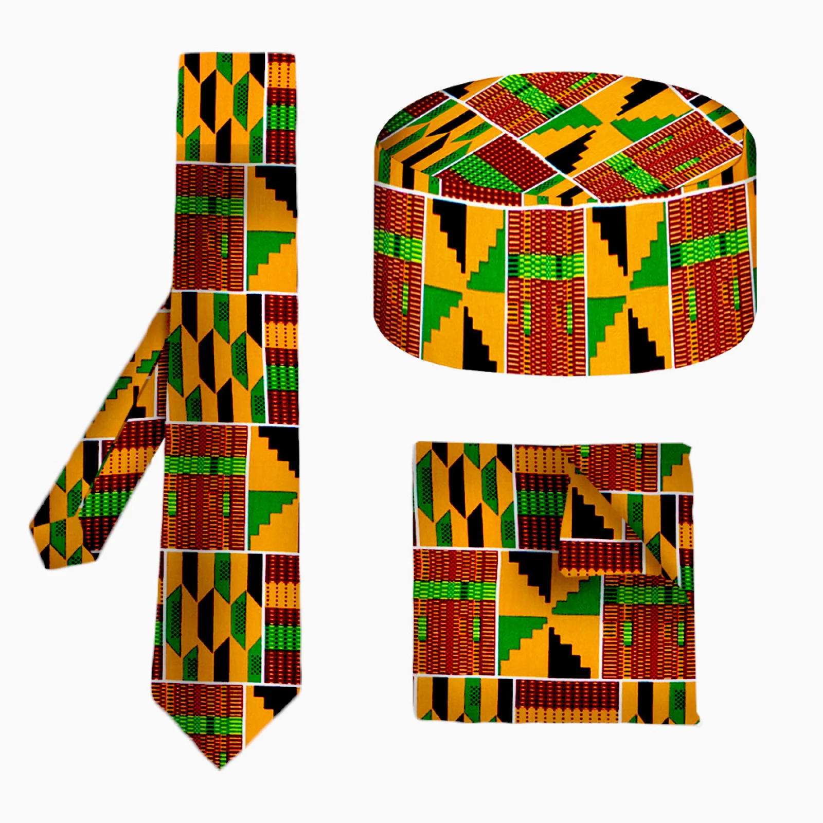 

3PCS African Kente Batik Print 3 Piece Set Tie Bow Tie Kufi Hat Ankara Batik Cosplay Props For Halloween Party