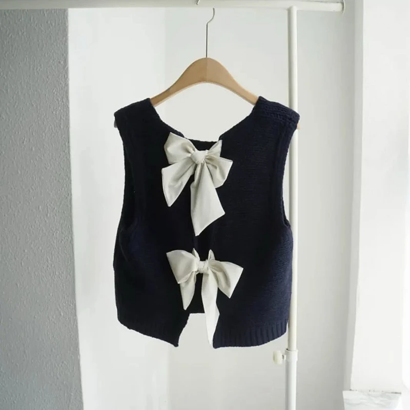 Talenza Autumn Bow Sweater Women's New Sleeveless Hollow Out Patchwork Knitted Top Casual Loose Office Lady Streetwear Sweater