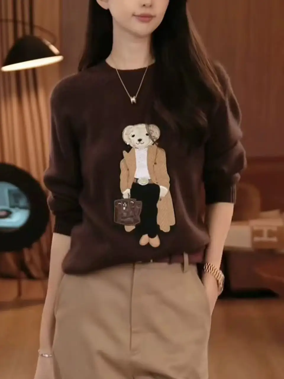 

Autumn Winter New Retro Cartoon Teddy Bear Sweater Women Temperament O-Neck Long Sleeve Knitted Pullover Fashion Versatile Tops