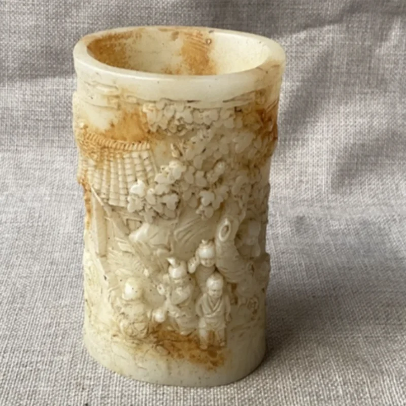 Antique Jade Carving Figure Pattern Old-Style Pen Holder - Oriental Scholar's Desk Display Collectible Ornament