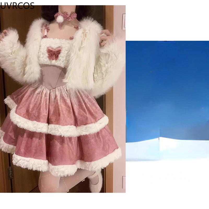 Pink Elegant Retro Two Piece Set Women Sweet Plush Coat Kawaii Bow Mini Dress Suit Female Korean Fashion Lolita Party Skirt Sets