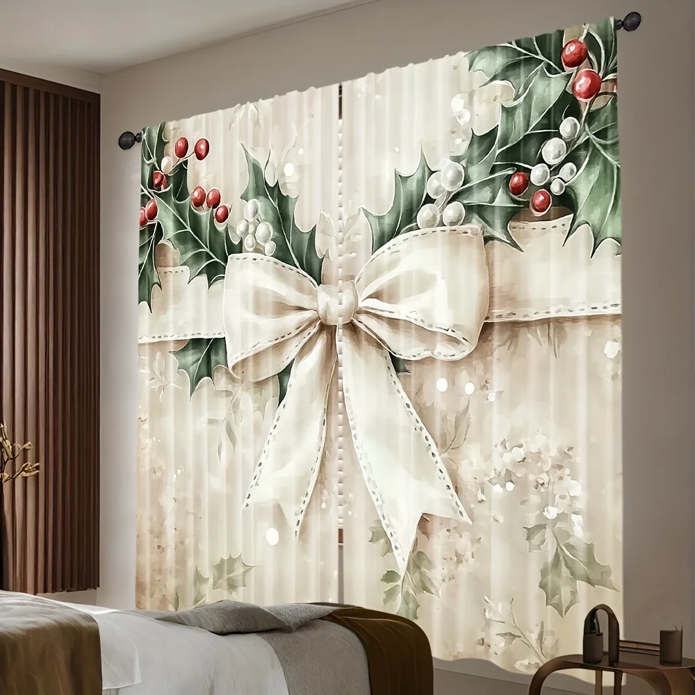 

2pcs Holiday Christmas Bow Print Curtains with Rod Pocket – Festive Decor for Bedroom, Office, Kitchen, Living Room & Study