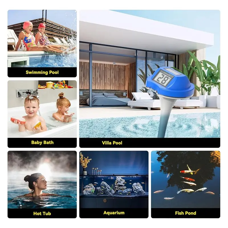 BHTS-Digital Dual-Sided Display Screen For Swimming Pool Thermometer Solar Powered, Floating For Babybath, Spas& Aquarium