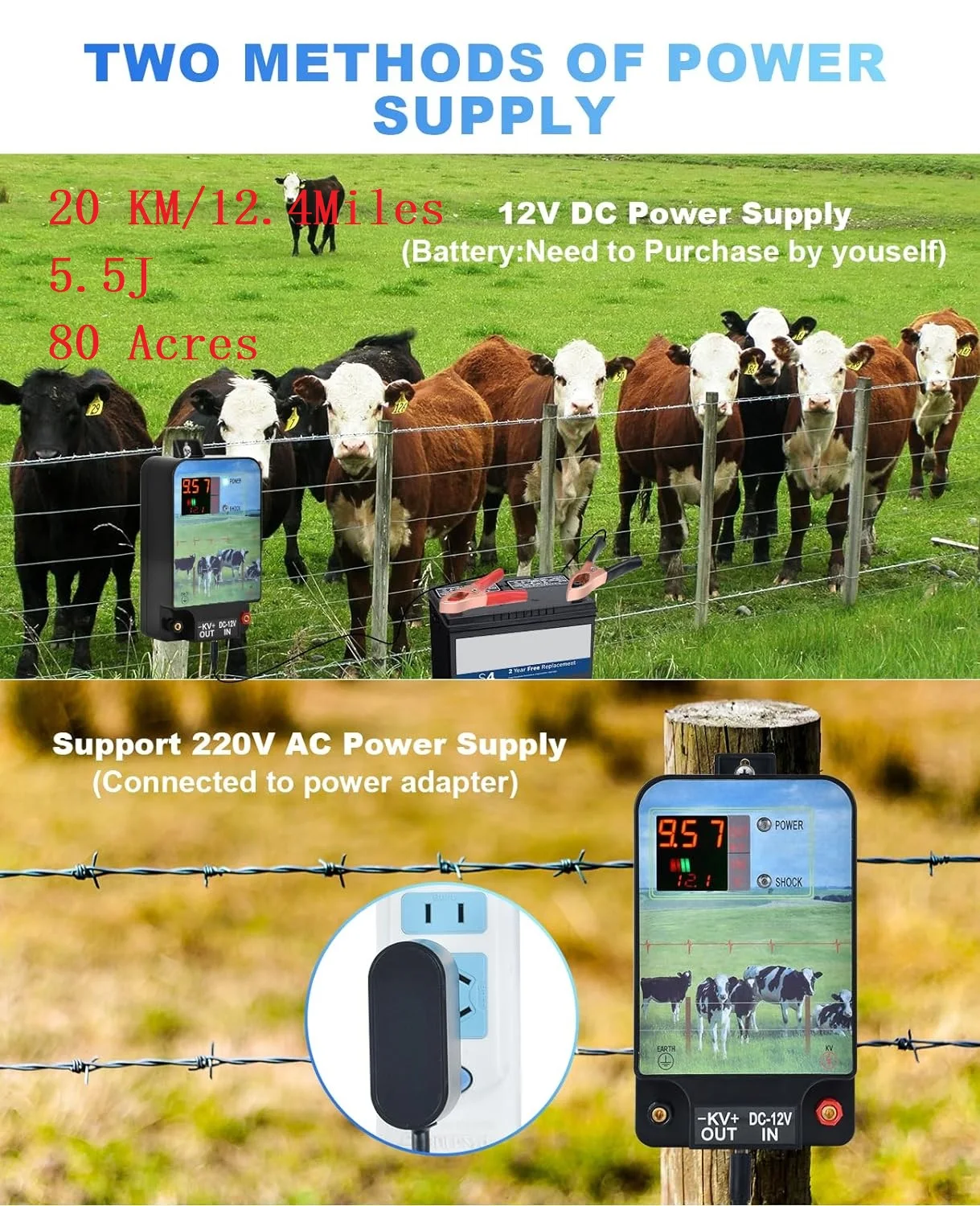 20 KM Electric Fence Energizer Charger DC12V Electronic Fence Kit for Livestock Farm Sheep Cattle Horse Poultry Fence Tool