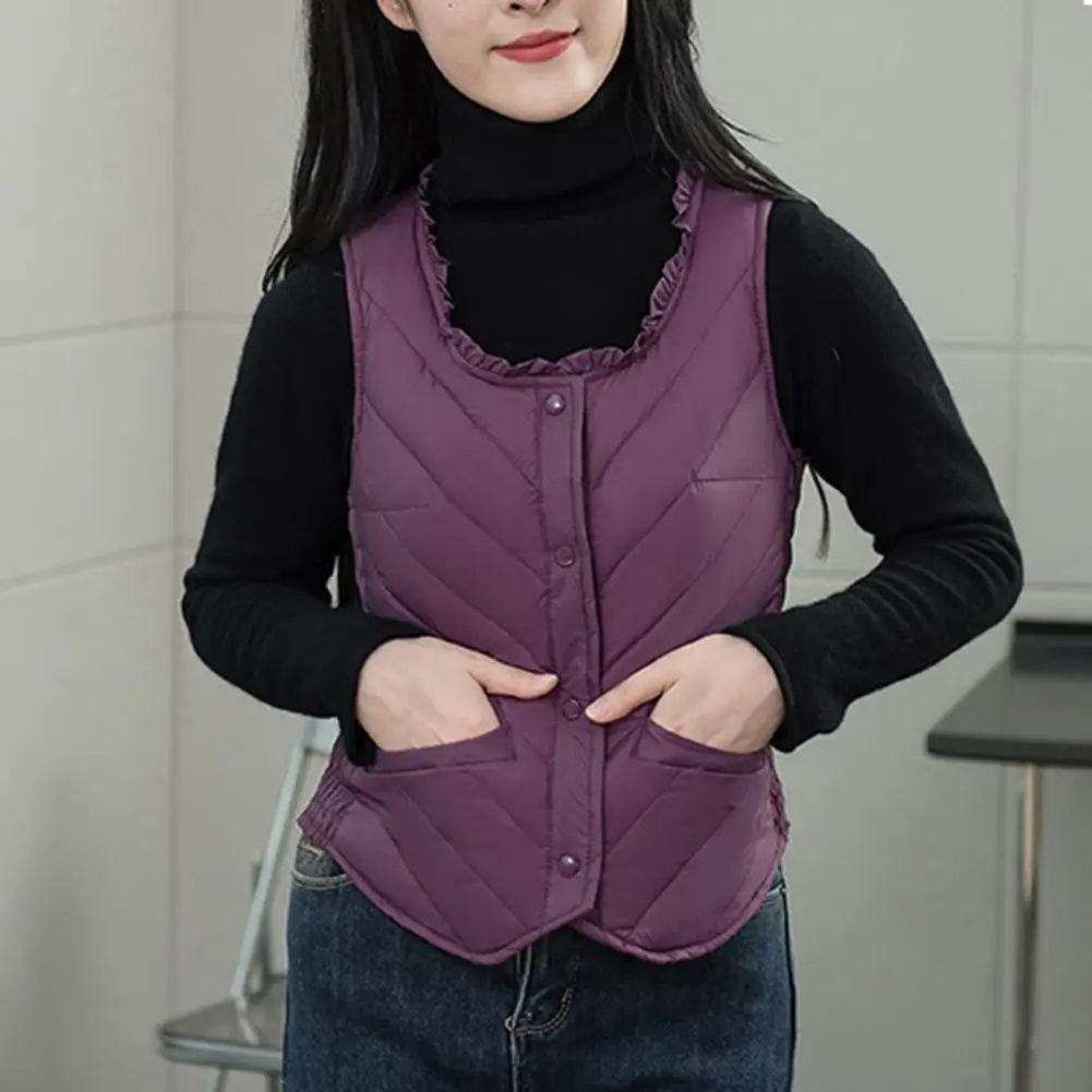 Women Vest Jacket Plush Padded for Fall Winter U Neck Waistcoat with Warmth Windproof Design Clothing 2024