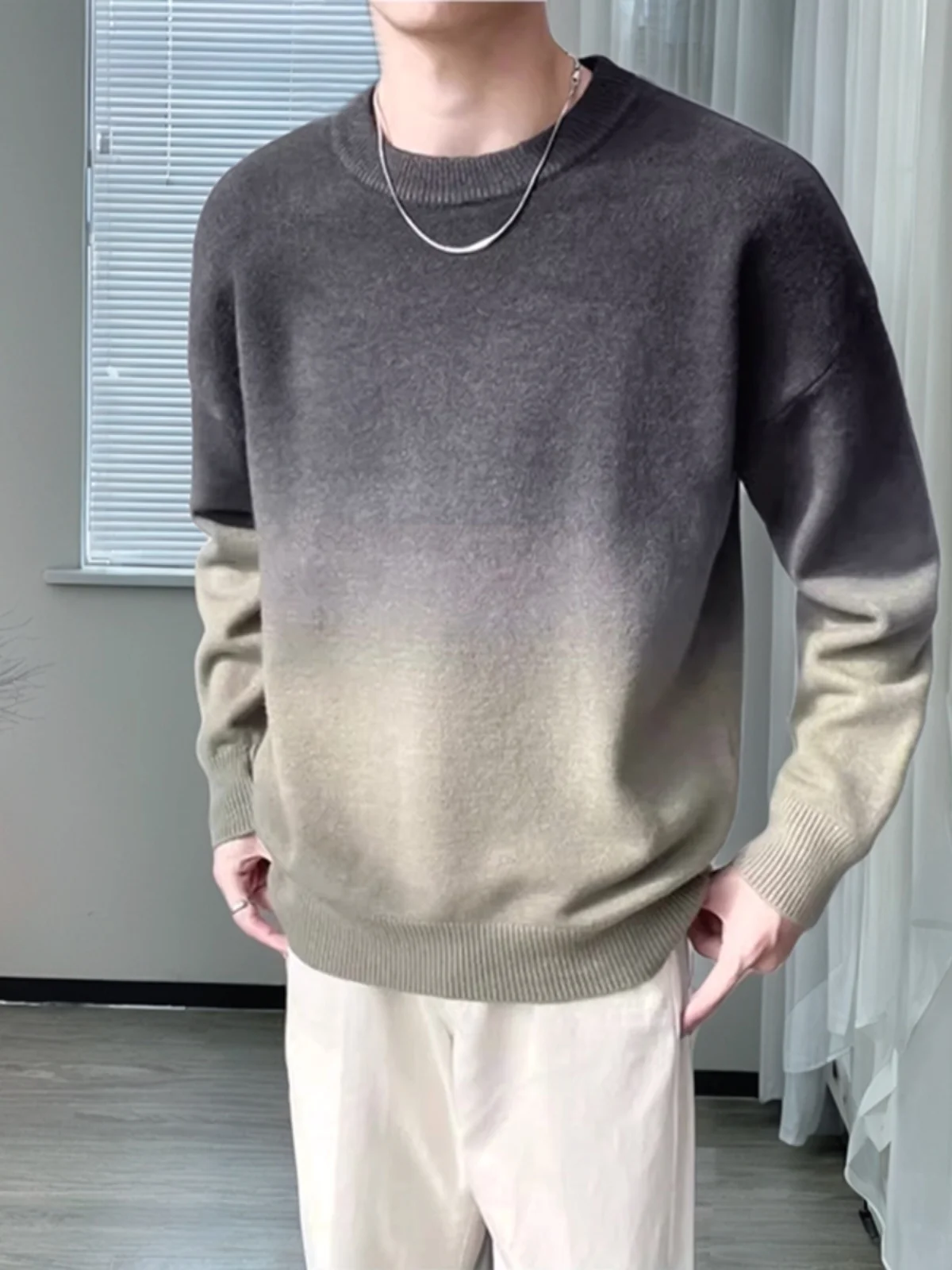 

aduated Color Thiened Knitted Sweater Men's Loose Lazy Sle Overhead Coat Soft Comfortable Polyester Nylon Blend Long Sl...