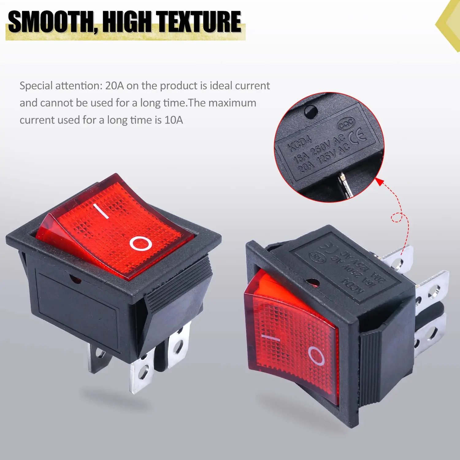 5pcs Rocker Switch AC 10A/125V 6A/250V DPST 4 Pins 2 Position ON/Off Red LED Light Illuminated Boat KCD4 Rocker Switch Toggle