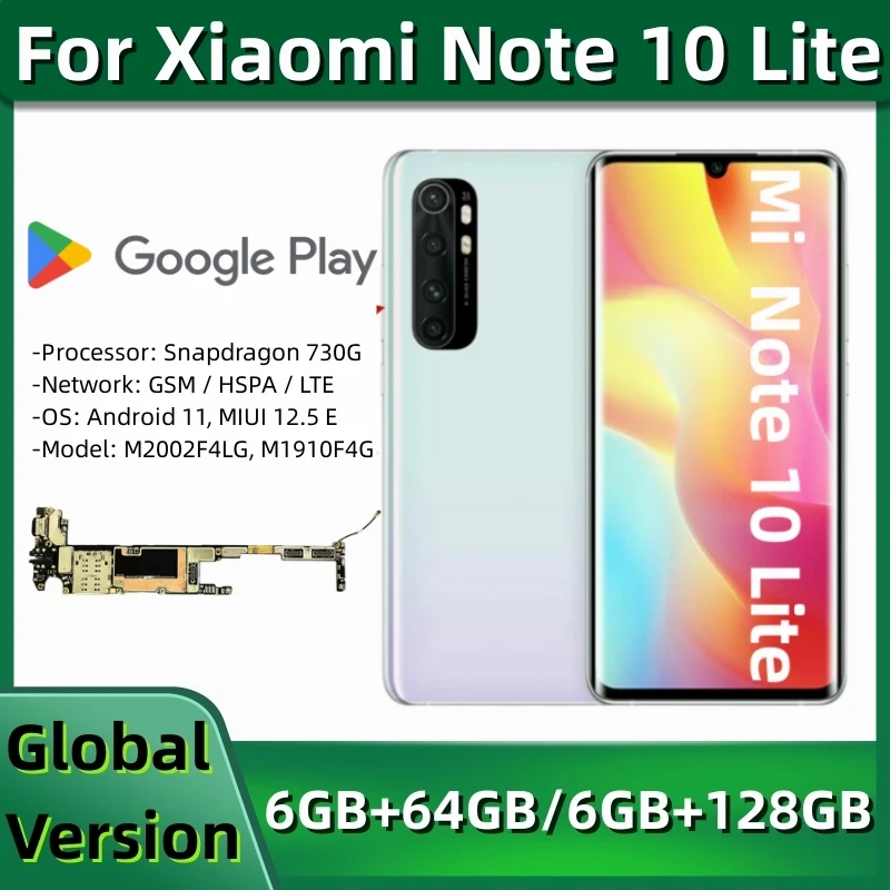 Mainboard for Xiaomi Mi Note 10 Lite, Unlocked Main Circuits Board, 64GB, 128GB, Global ROM