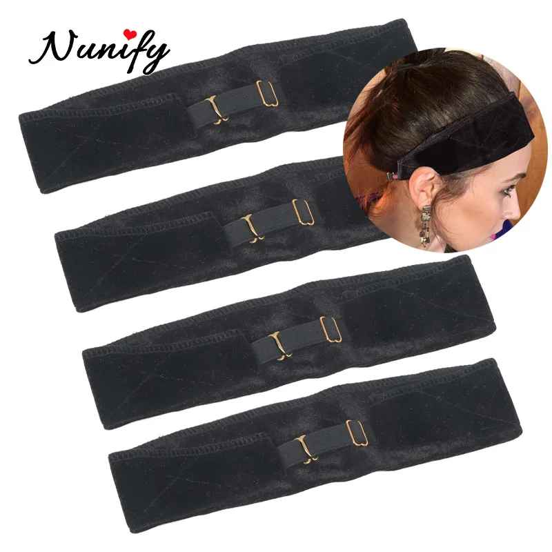 Nunify Wig Band Adjsutable Wtih Hooks Black Velvet Non Slip Wig Grip Headband For Wigs Hold Comfortable Edge Laying Scarf 2pcs