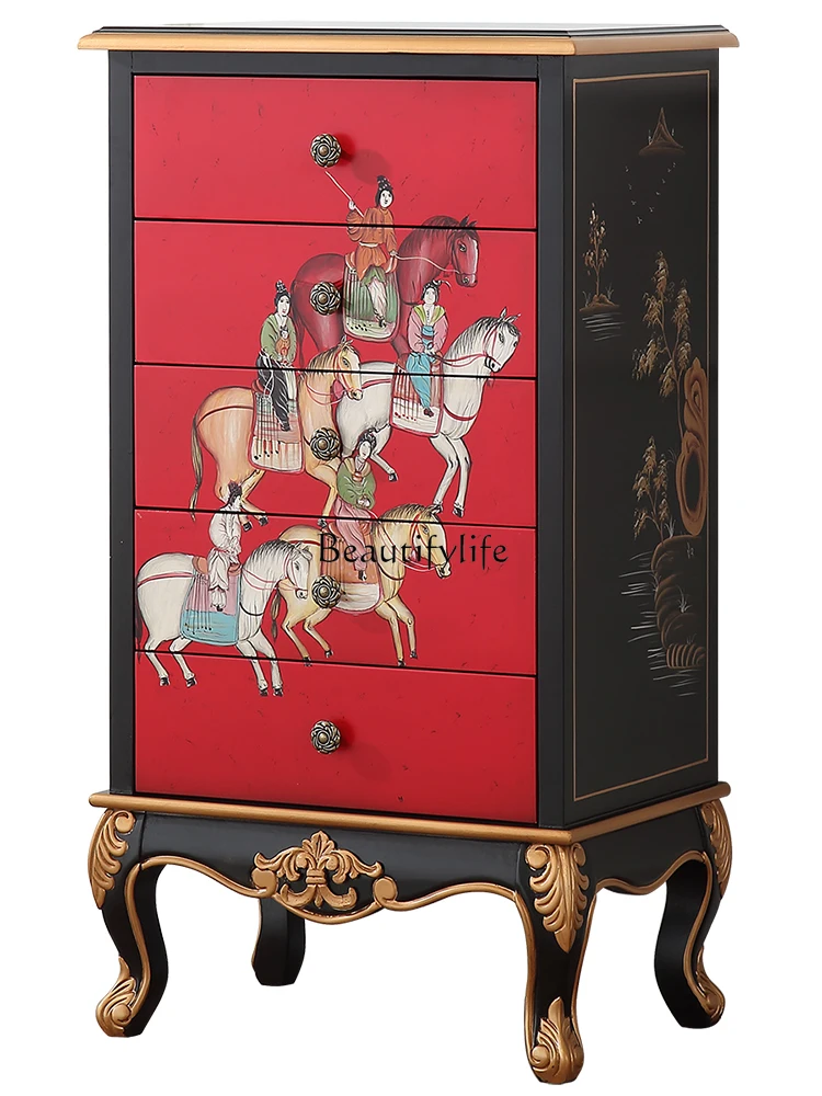 

New Chinese Style Red Chest of Drawers Living Room Entrance Storage Vintage Painted Storage Chest of Drawer